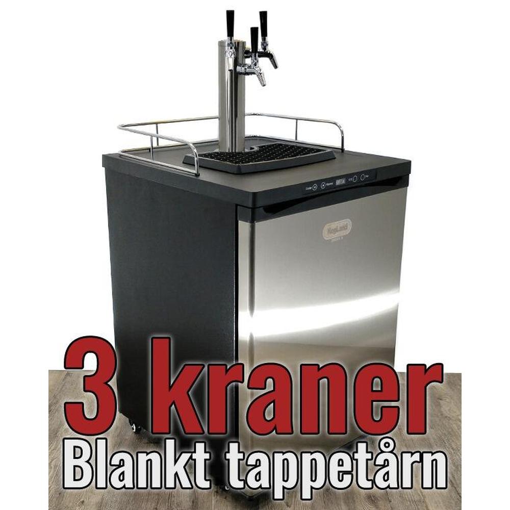Series X Kegerator med 3 blankpolerte tappekraner, svart topp og rustfritt stålfront.