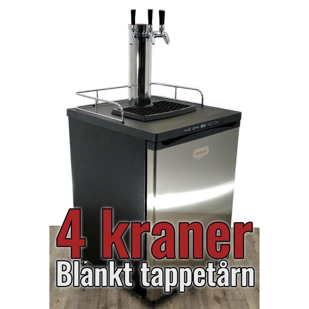 Series X Kegerator med 4 blankpolerte tappekraner, svart skap og rustfritt stålfront.