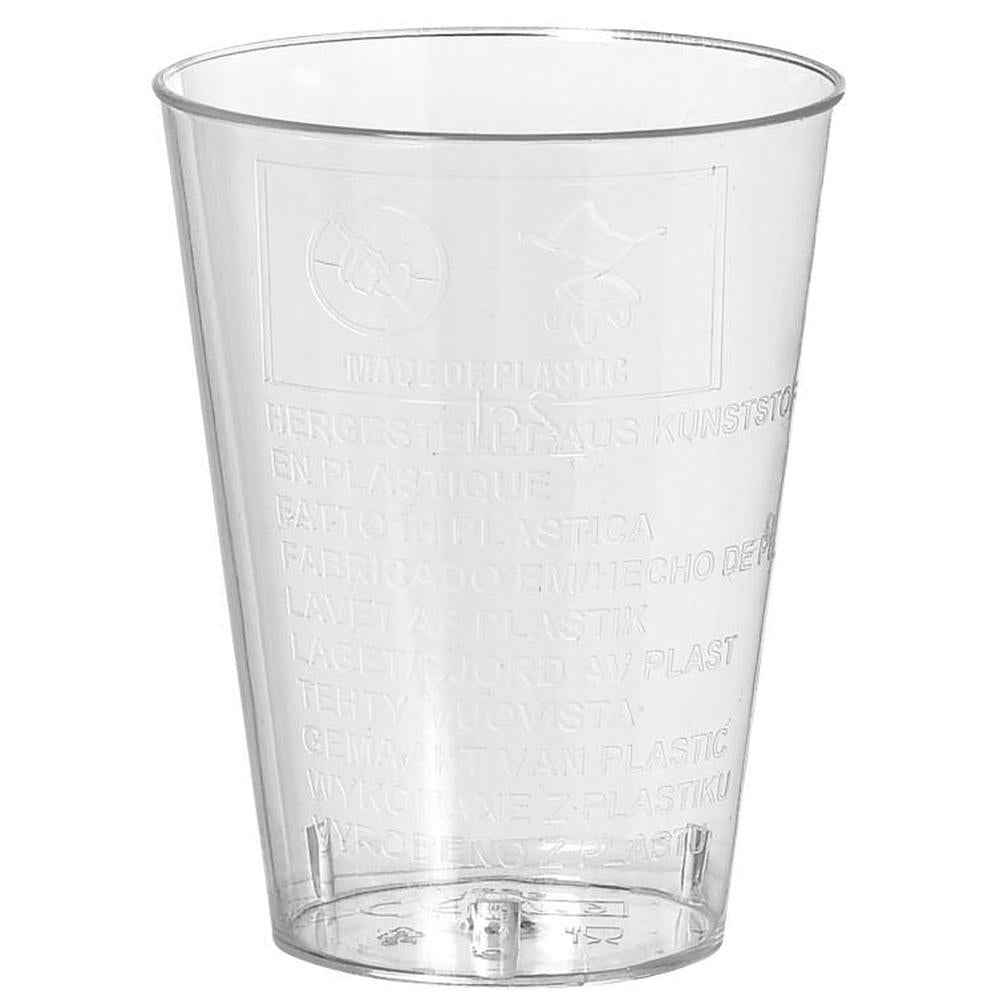 Klar plast shotglass med målestrek på 2 cl og 4 cl, 5 cl til toppen.
