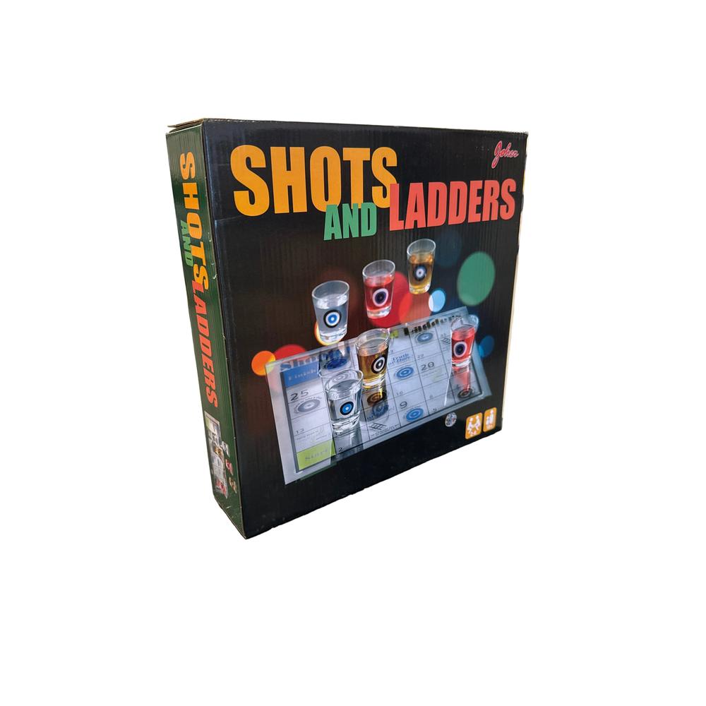 Shots and Ladders drikkelek i svart eske med bilde av spillbrett og seks shotglass.