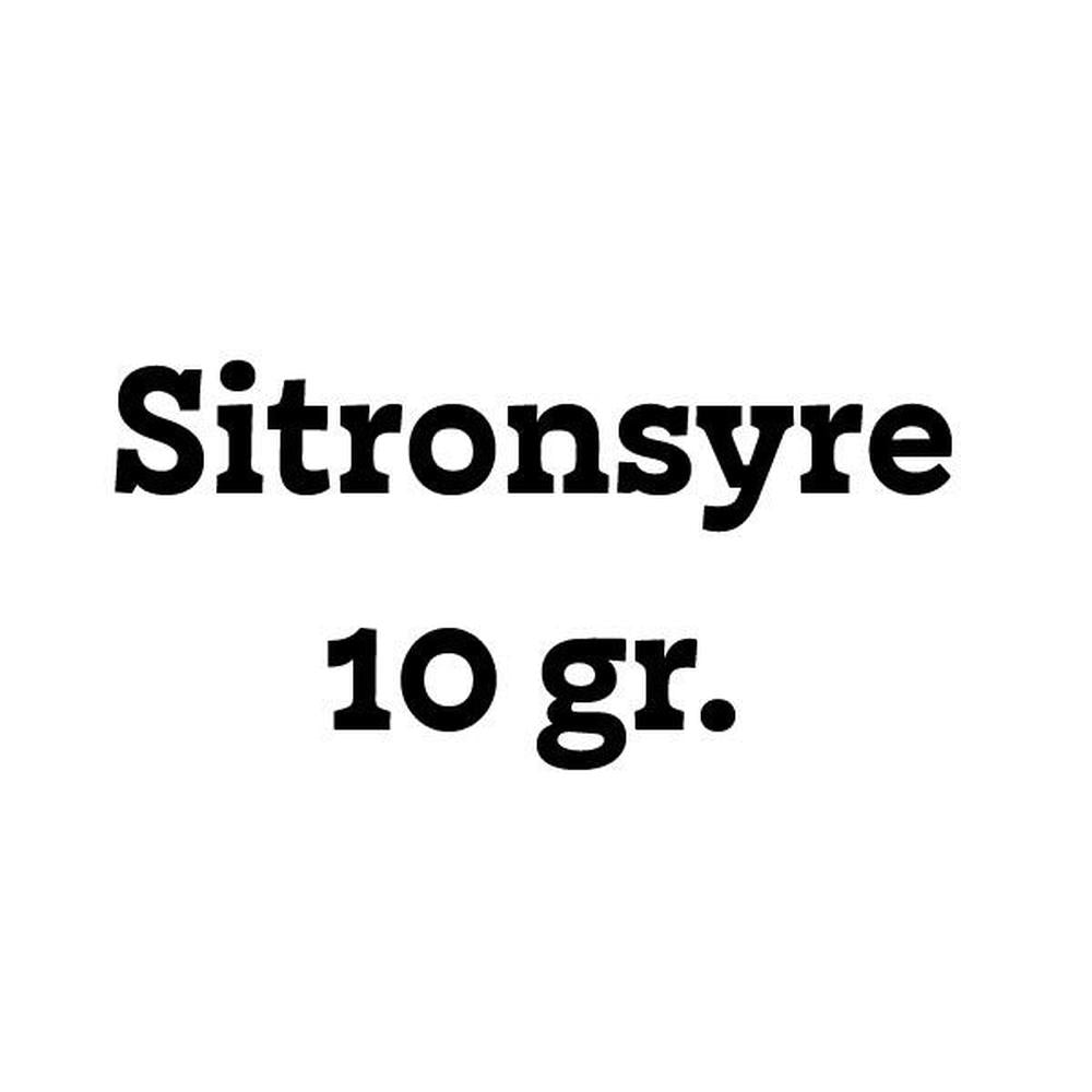 Sitronsyre 10 gr. i svart tekst på hvit bakgrunn.