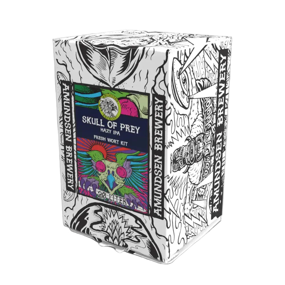 Amundsen Brewery Skull of Prey Hazy IPA Fresh Wort Kit 20 liter, med fargerik og svart-hvitt design.