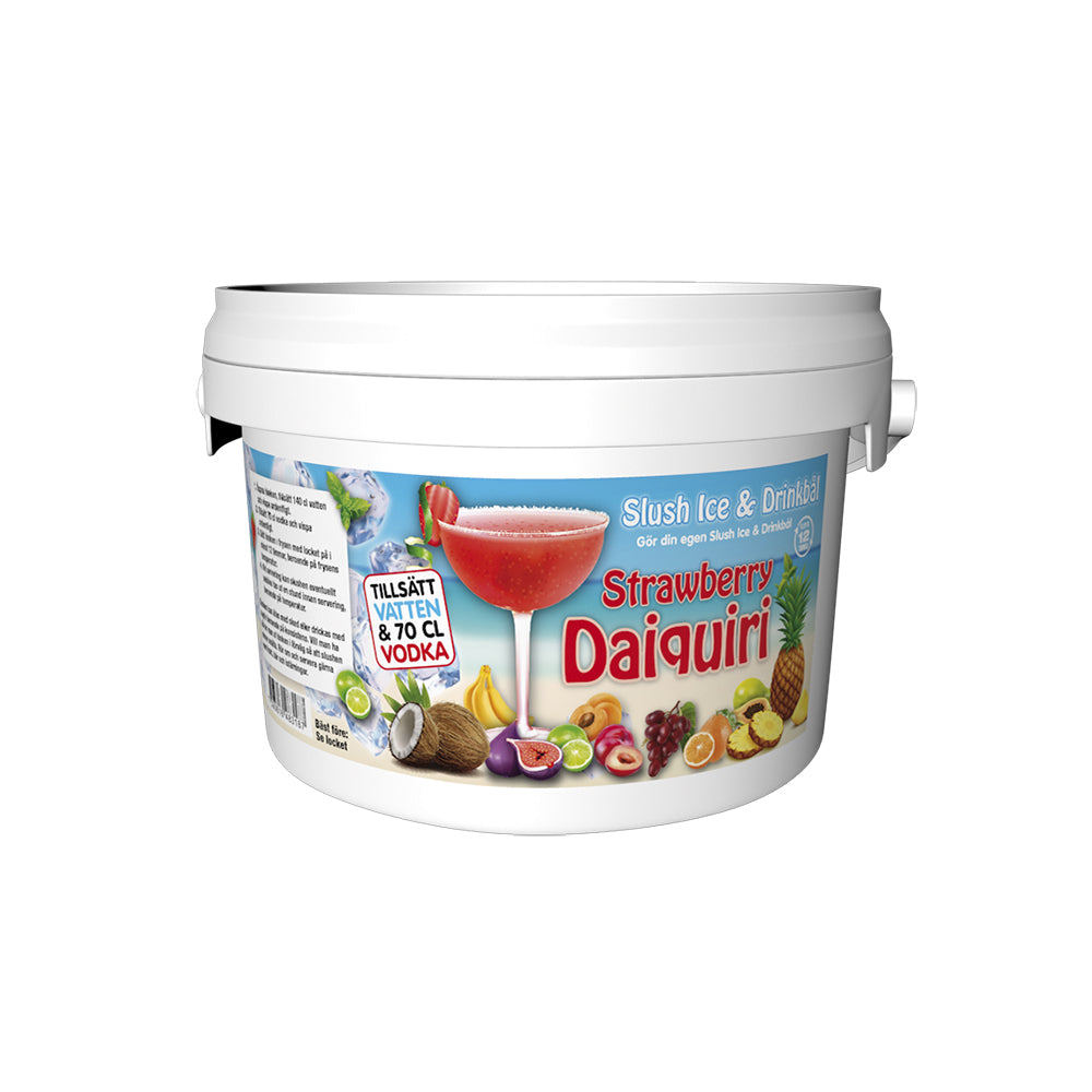 Hvit bøtte med pulvermiks til strawberry daiquiri slush- tekst tilsett kun vodka og vann
