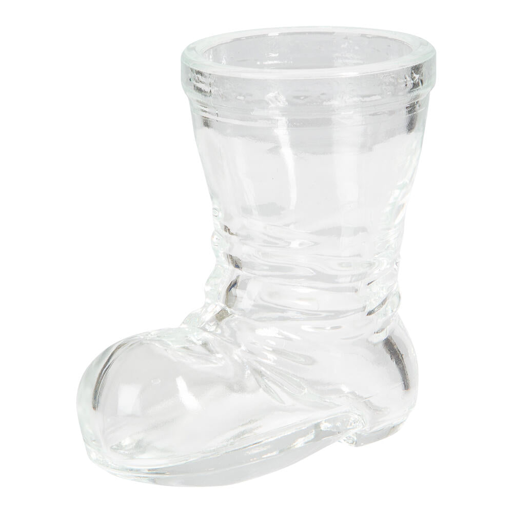 Gjennomsiktig glass snapsstøvel, 4cl, med detaljerte rynker og en avrundet tå.