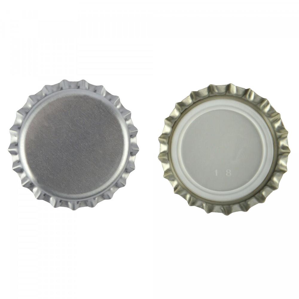 Sølvfargede 29mm flaskekapsler i metall, sett fra topp og bunn, for vin, cider og øl.