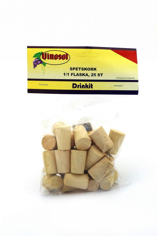 Spisskorker i naturkork for 1/1 flasker, 25 stk i pose med Vinosol Drinkit-etikett.