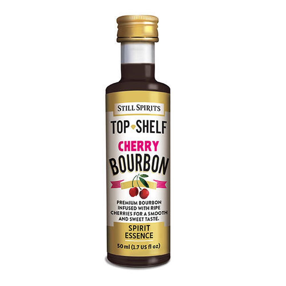 Still Spirits Top Shelf Cherry Bourbon essens 50 ml flaske med gullkork og etikett.