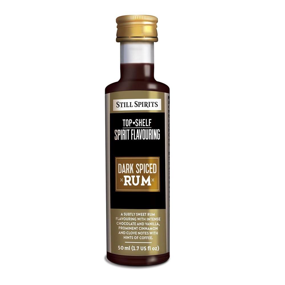 Still Spirits Top Shelf Dark Spiced Rum essens 50 ml flaske med gullkork.