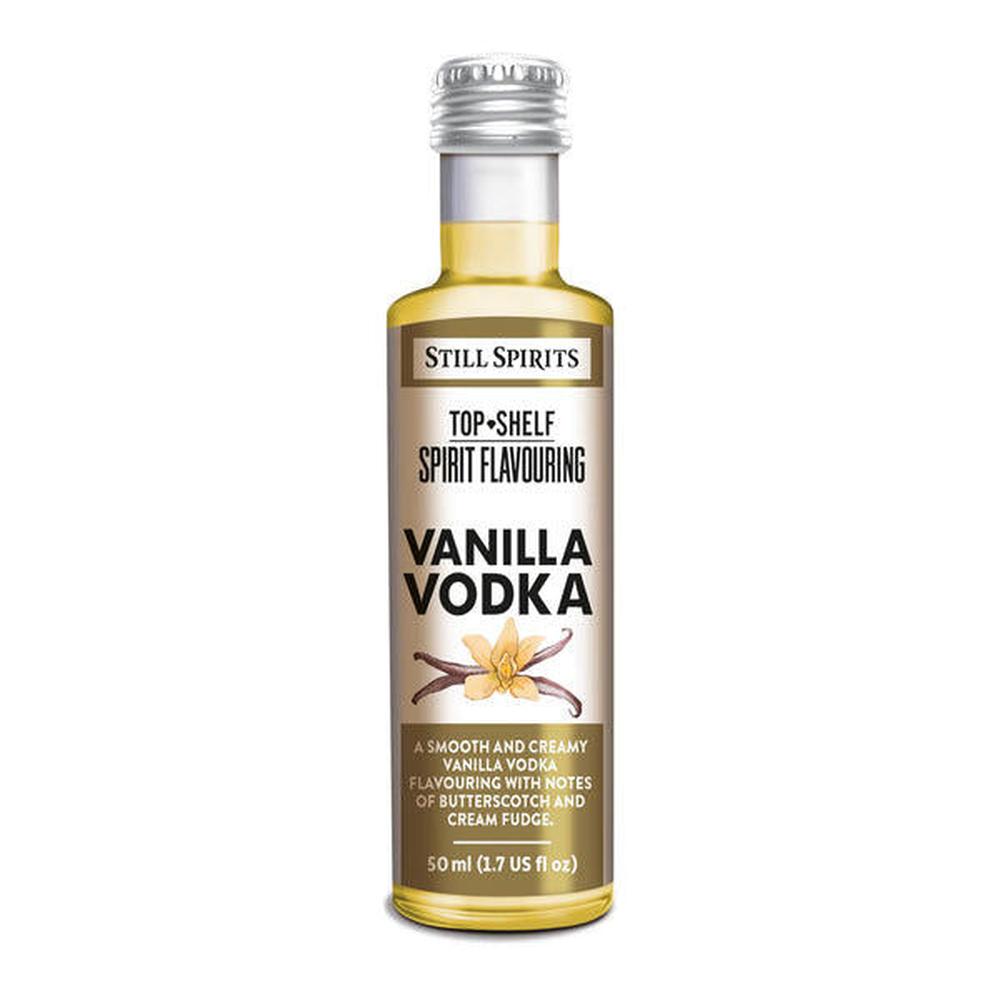 Still Spirits Top Shelf Vanilla Vodka essens 50 ml flaske med vaniljebønner.