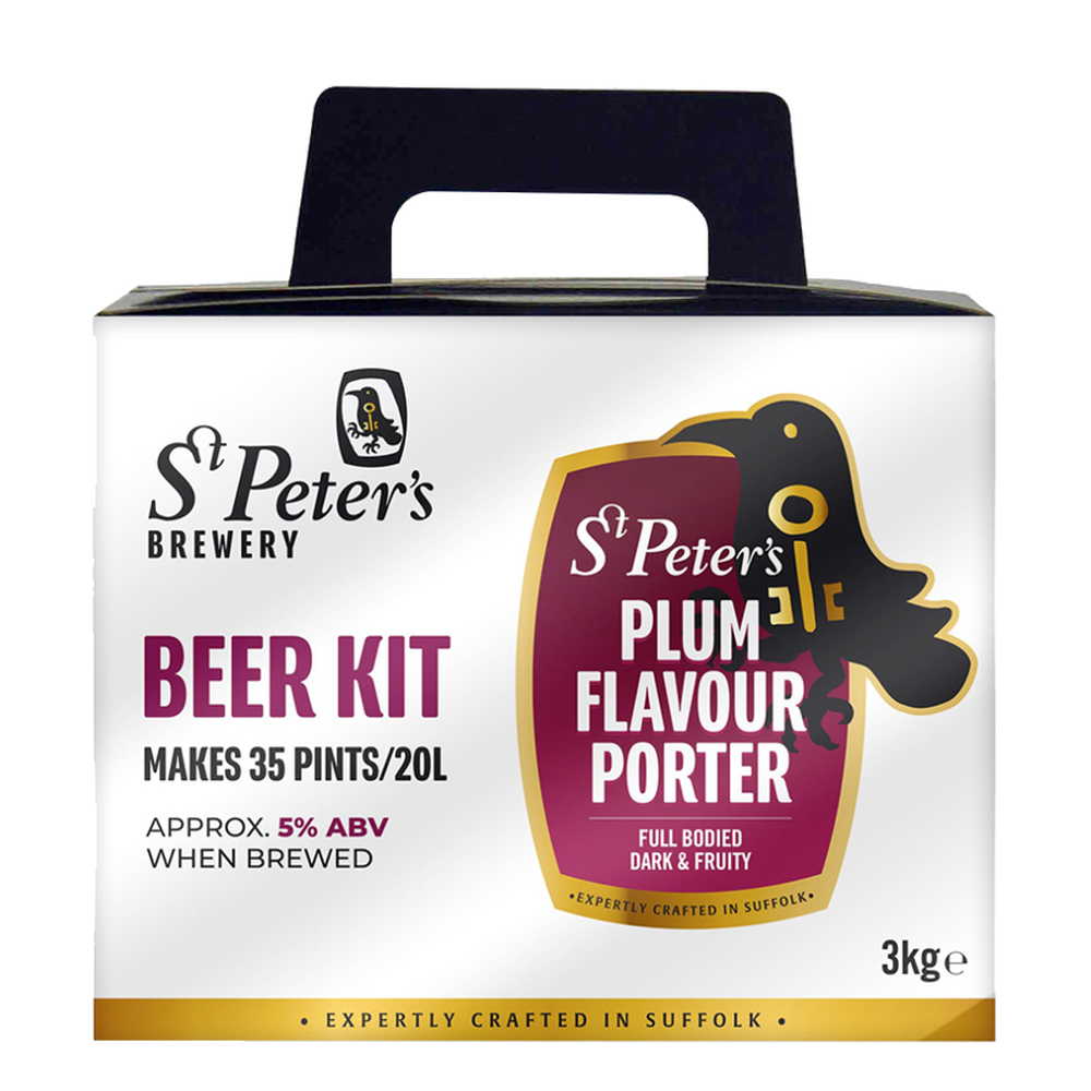 St. Peter's Plum Porter ølsett 20L, hvit eske med logo og plommeillustrasjon, 3kg.