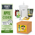 Komplett startsett for epleciderbrygging med gjæringsbøtte, flasker, ingredienser og instruksjoner.