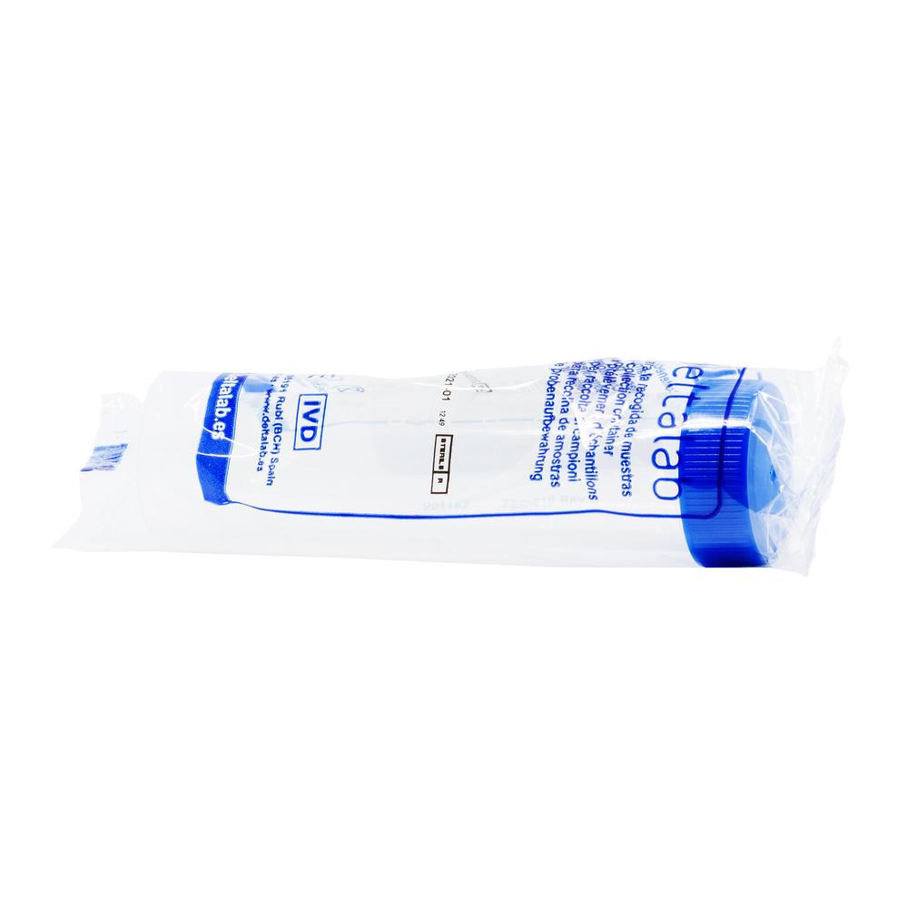 Sterilt 50 ml konisk prøveglass i plast med blå skrukork, individuelt innpakket.