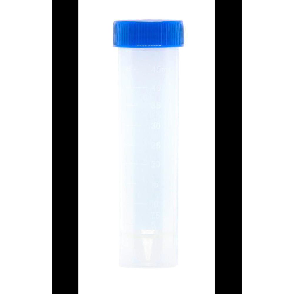 Sterilt, konisk 50 ml prøveglass i transparent PP med blå HDPE skrukork og gradering.