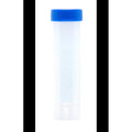 Sterilt, konisk 50 ml prøveglass i transparent PP med blå HDPE skrukork og gradering.