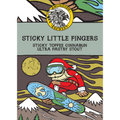 Amundsen Brewery Sticky Little Fingers ølsett med snowboardende julenisse-illustrasjon.