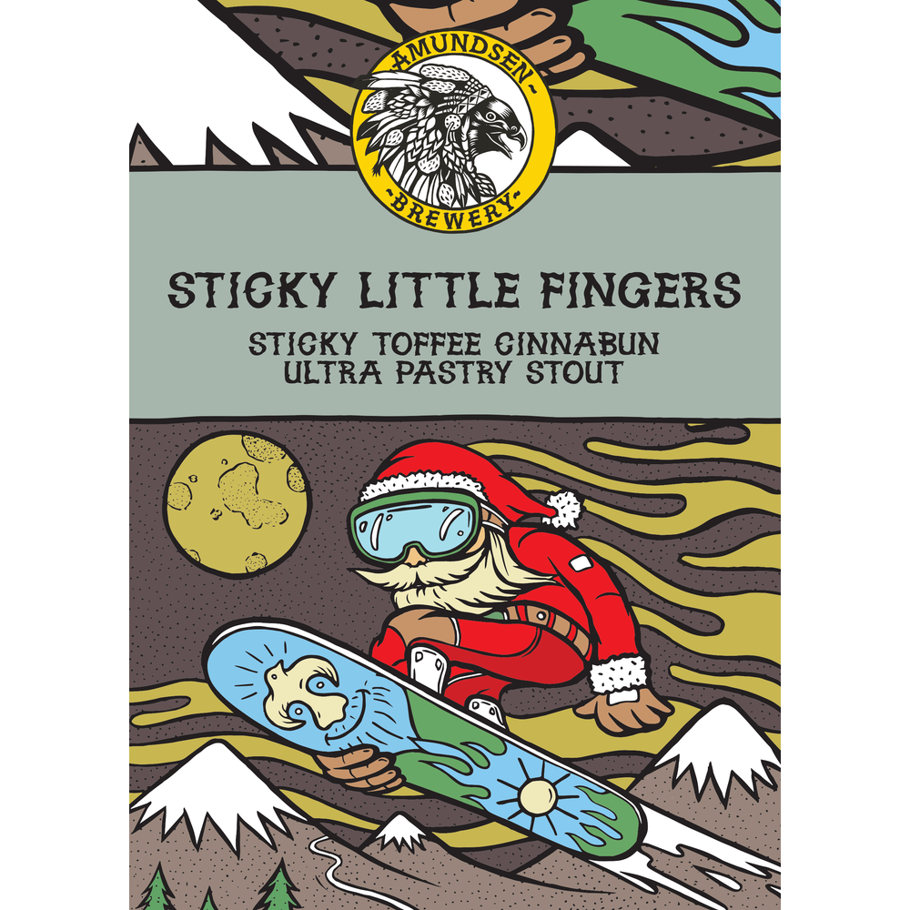 Amundsen Brewery Sticky Little Fingers ølsett med snowboardende julenisse-illustrasjon.