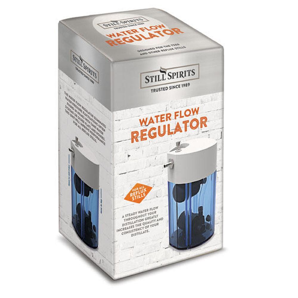 Still Spirits Water Flow Regulator i grå og blå eske, med produktbilde.