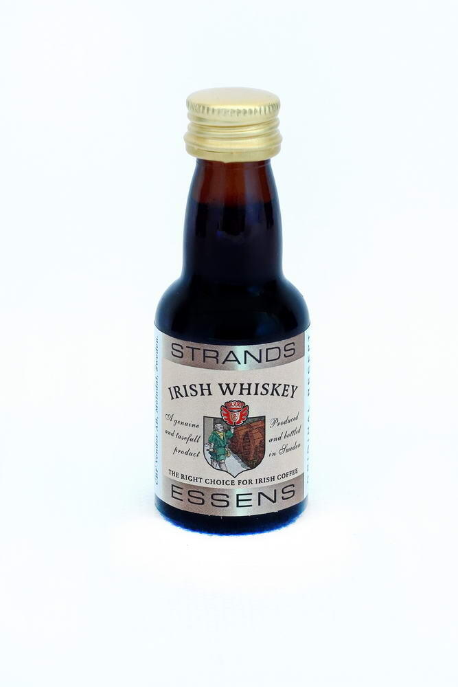 Strands Irish Whiskey essens 25 ml i liten brun flaske med gullkork.