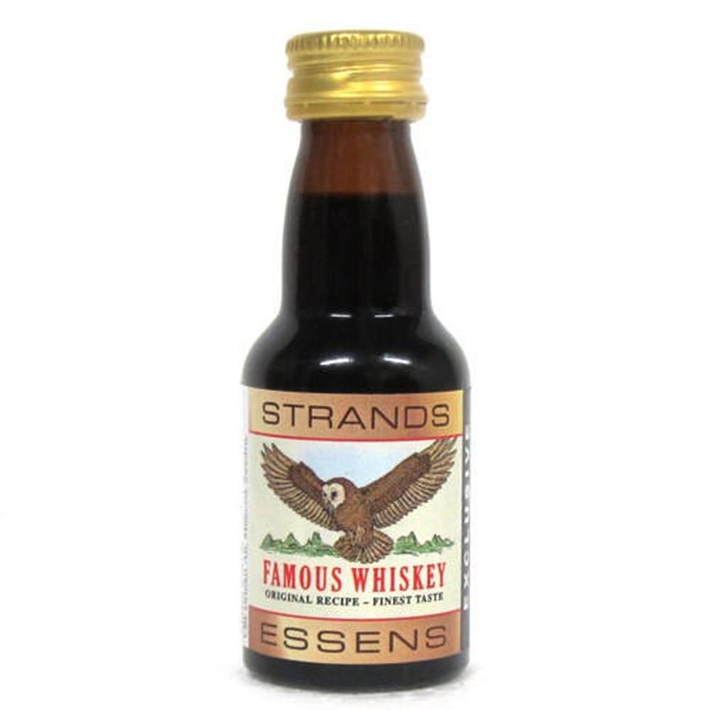 Strands Famous Whisky essens, liten brun flaske med gullkork og ørn-etikett.