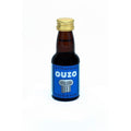 Strands Ouzo essens i liten brun flaske med blå etikett og gullkork.