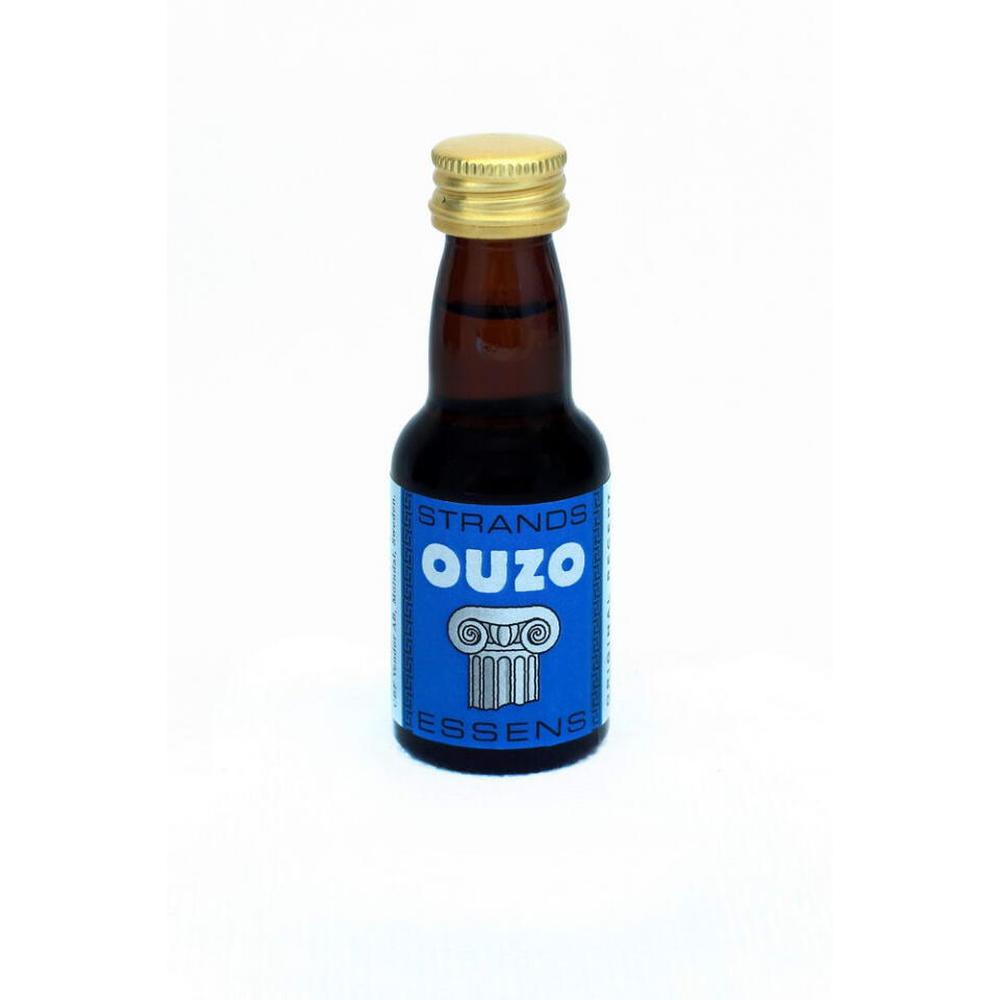 Strands Ouzo essens i liten brun flaske med blå etikett og gullkork.