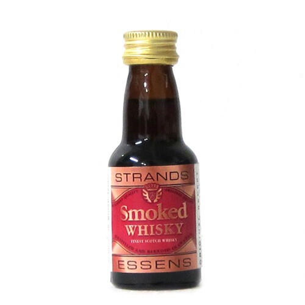 Strands Smoked Whisky essens i liten brun flaske med gullkork og rød etikett.