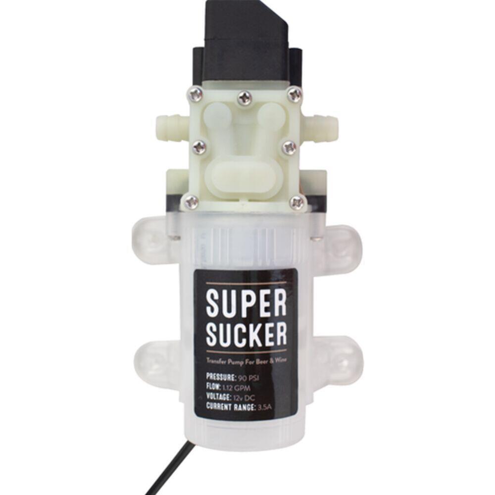 Hvit og svart Super Sucker selvsugende pumpe med slangekoblinger og etikett.