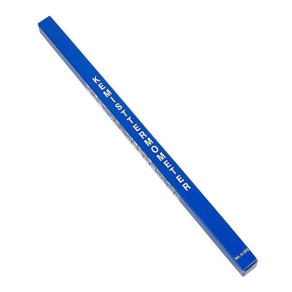 Blå eske for kjemitermometer i glass, -10 til 110°C, med hvit tekst.