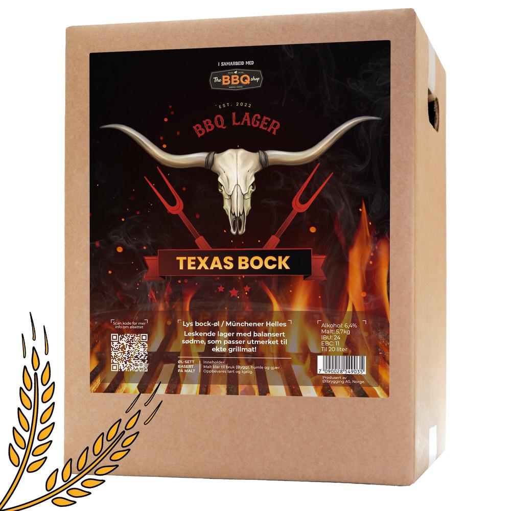 Texas Bock BBQ Lager ølsett for 20L, med oksehode-logo og flammer.