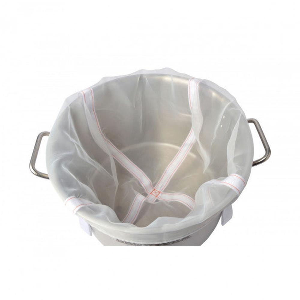 Hvit polyester meskepose med oransje sømmer og stropper, for 47–57 L bryggekjele.