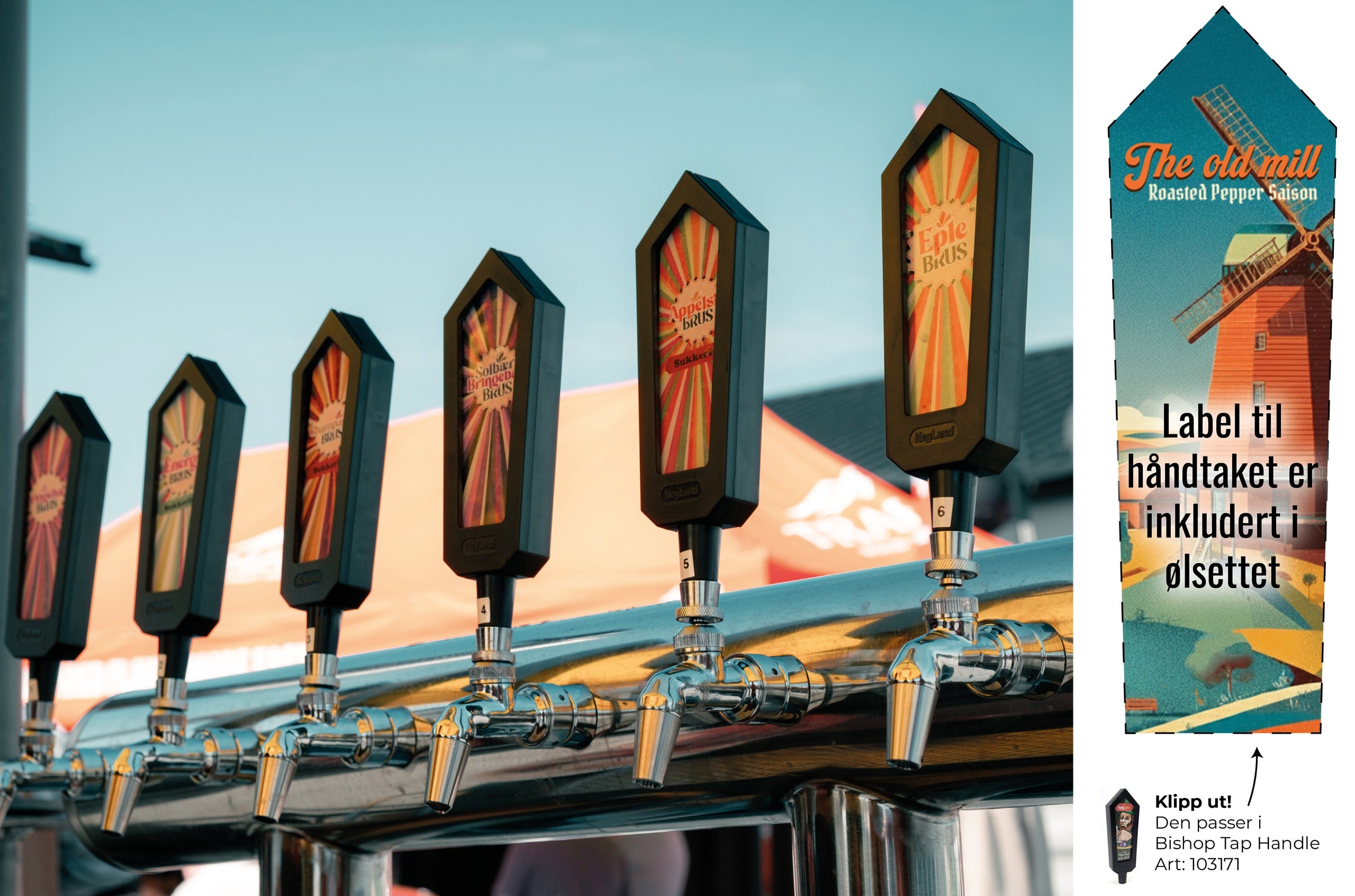 Bilde viser en rekke nukatap og tappehåndak bishop tap handle , så et uklippbart innstikk til tappehåndak bishop tap handle for ølsett  The Old Mill Roasted Pepper Saison Fresh Wort Kit 20 liter – ferdigbrygget vørter klar til gjæring
