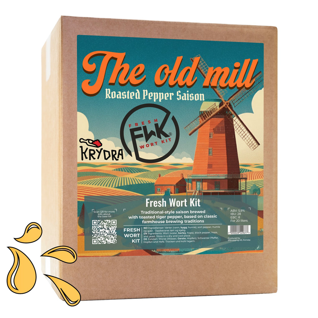 Brunk boks med logo som er en vindmølle emd åkre i bakkant  - 
The Old Mill Roasted Pepper Saison Fresh Wort Kit – belgisk saison med ristet tigerpepper og Saaz-humle, 20 liter