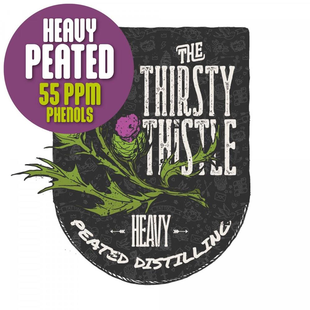 Thirsty Thistle Heavy Peated destilleringsmalt med tistel-logo, 55 PPM fenoler.