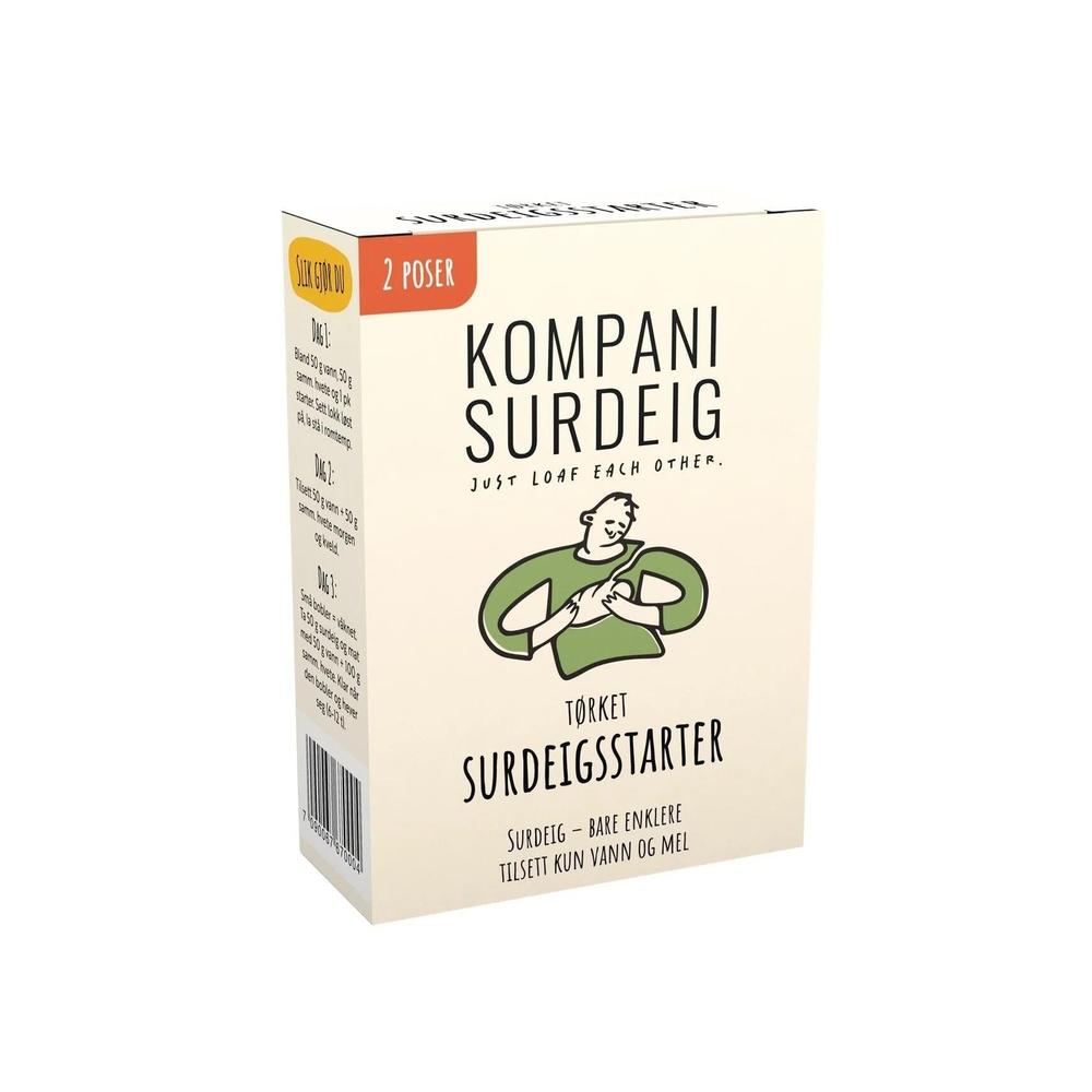 Kompani Surdeig tørket surdeigsstarter 2-pakk i hvit og grønn eske.