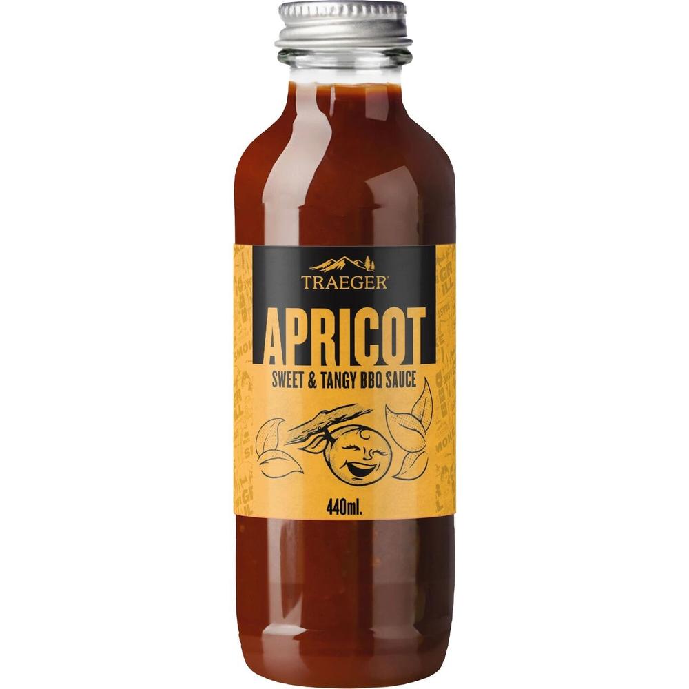 Traeger Apricot BBQ-saus 440ml i glassflaske med svart og gul etikett.