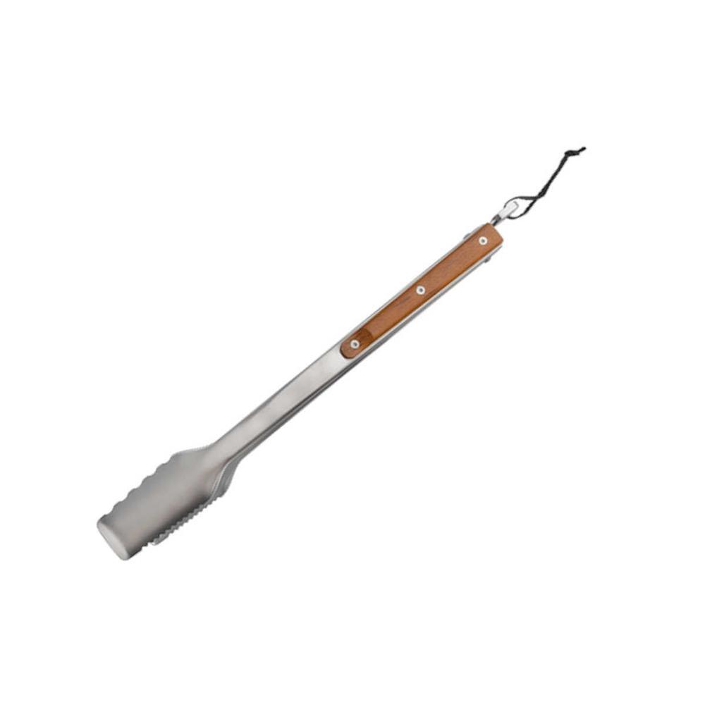 Traeger BBQ grilltang i rustfritt stål med teak-håndtak og lærhempe, ca. 42 cm lang.