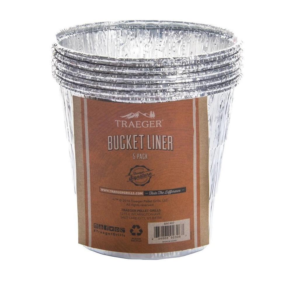 Traeger Bucket Liner 5-pakning aluminiumsinnlegg for fettoppsamler, med brun etikett.