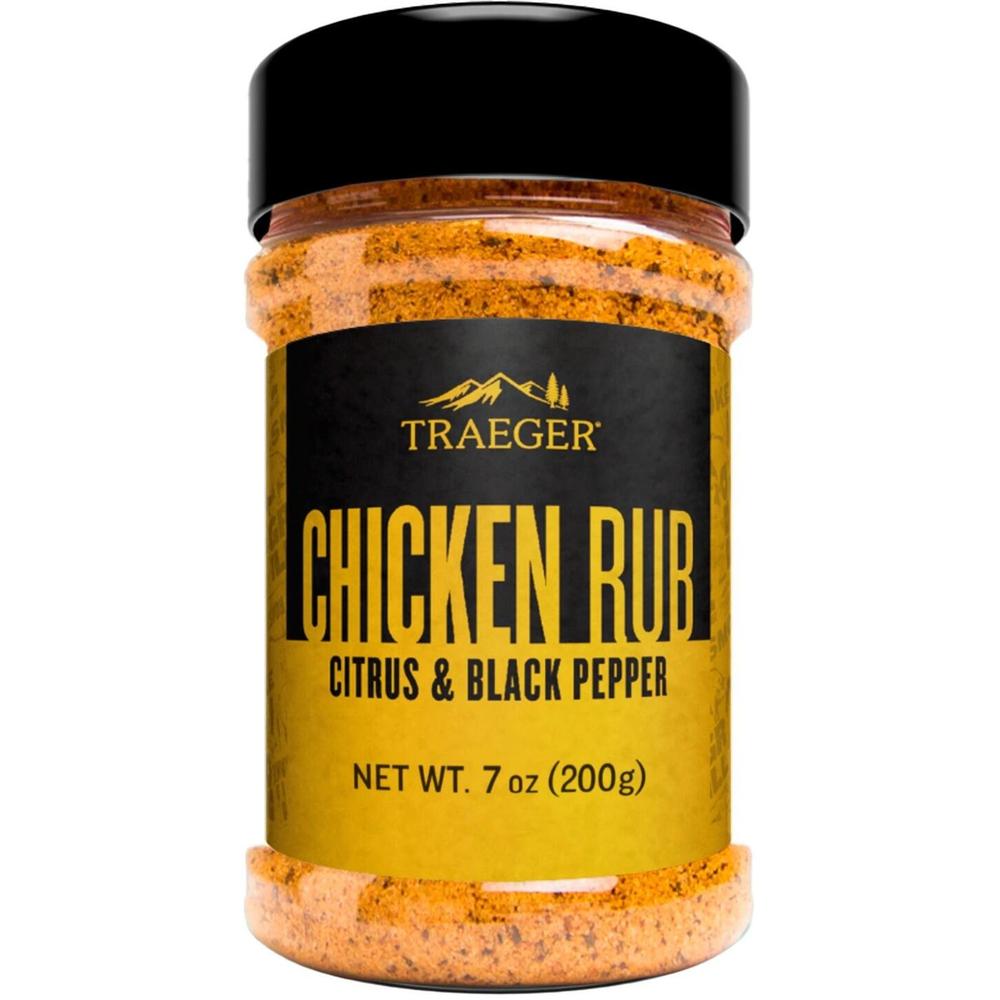Traeger Chicken Rub krydderblanding 200g med sitrus og sort pepper i gjennomsiktig beholder.