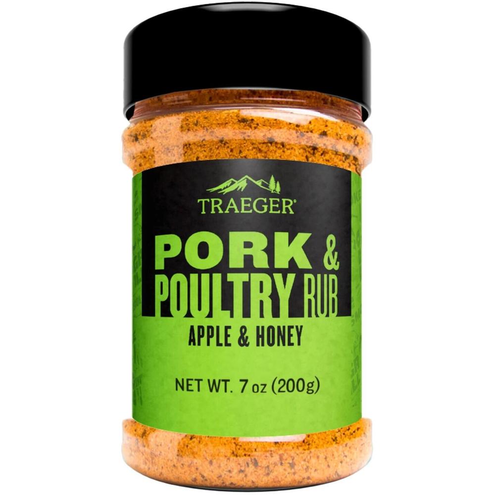 Traeger Pork & Poultry Rub eple & honning 200g i gjennomsiktig beholder med svart lokk og grønn etikett.