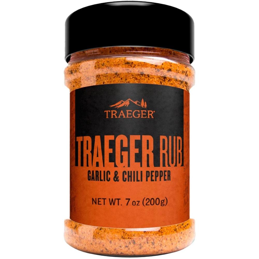 Traeger Rub krydderblanding 200g med hvitløk og chilipepper i gjennomsiktig beholder.