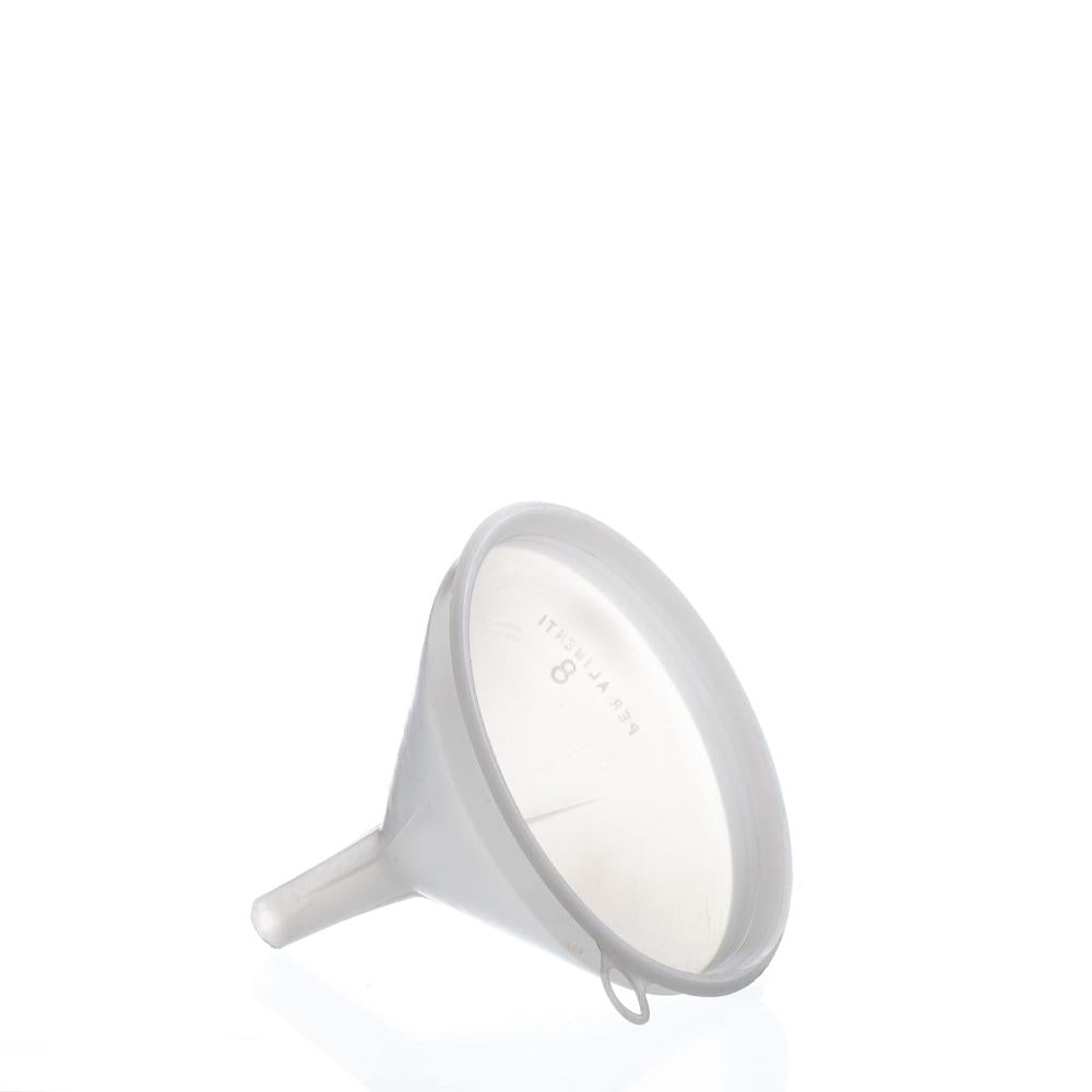 Hvit plasttrakt 8 cm uten sil, for flaskepåfylling og hjemmebrygging.