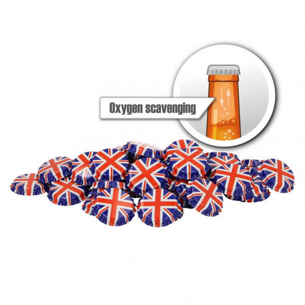 UK Flagg OxyCaps flaskekapsler 26 mm, 100 stk for oksygenabsorbering i ølflasker.