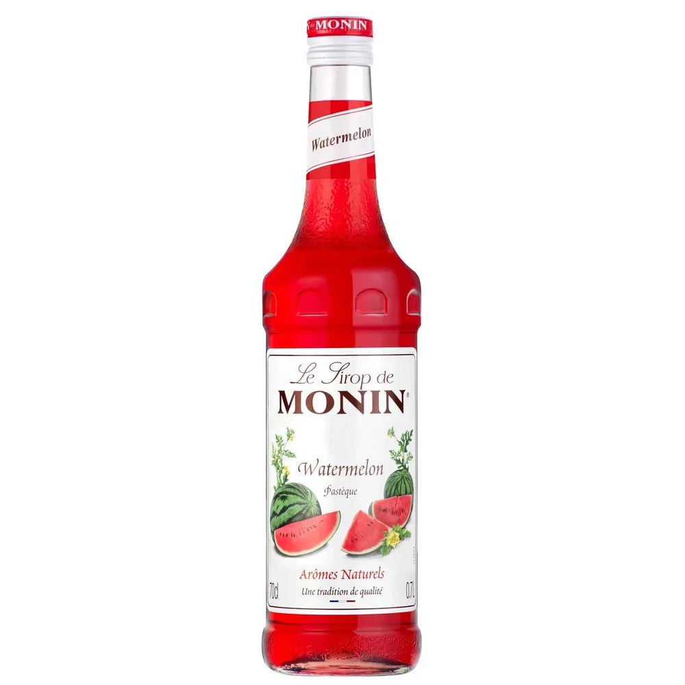 Monin vannmelonsirup 70 cl i glassflaske med rød etikett og vannmelonillustrasjon.