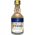 VIP Norwegian Vodka 50 ml flaske med blå etikett og gullkork.