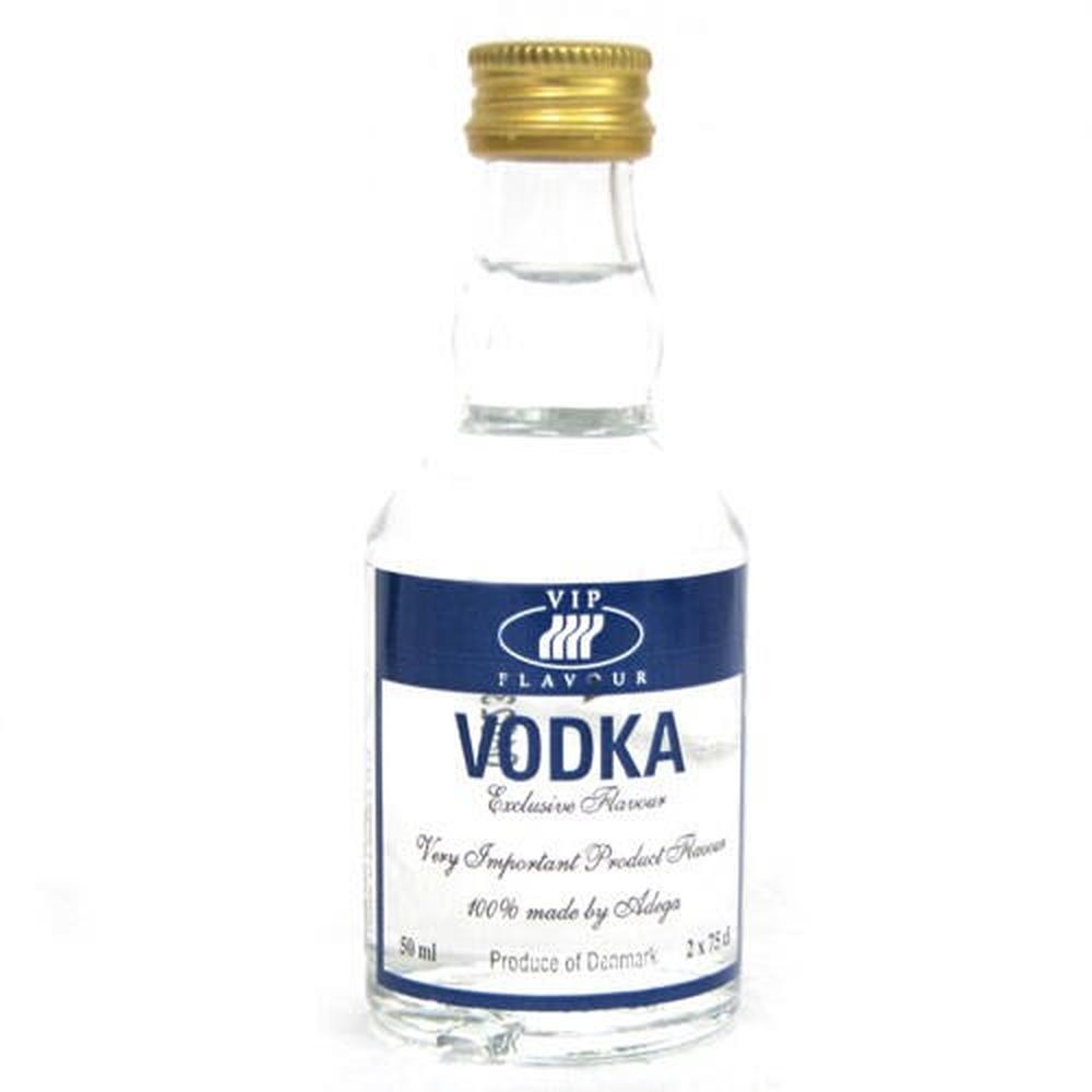 VIP Vodka essens 50 ml flaske med blå etikett og gullkork.