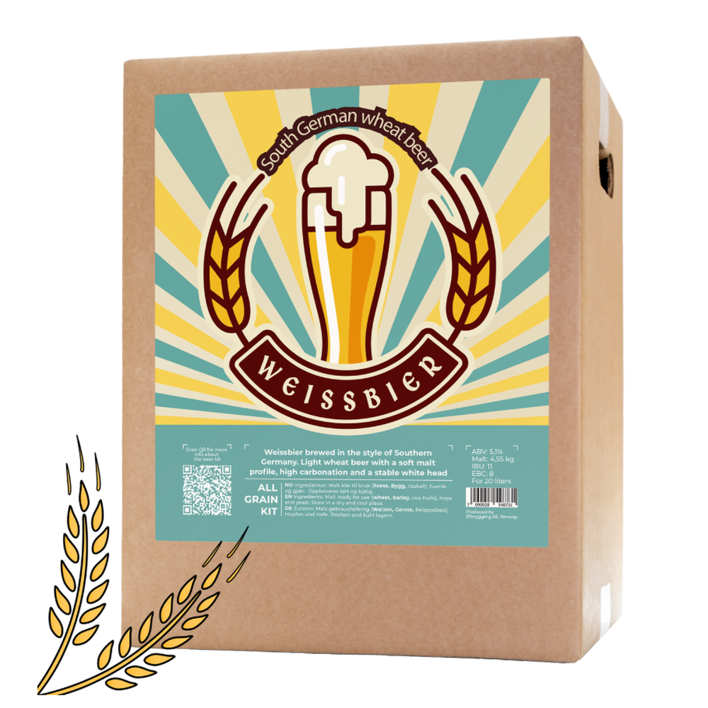Weissbier allgrain ølsett 20 liter i pappeske med fargerik etikett.