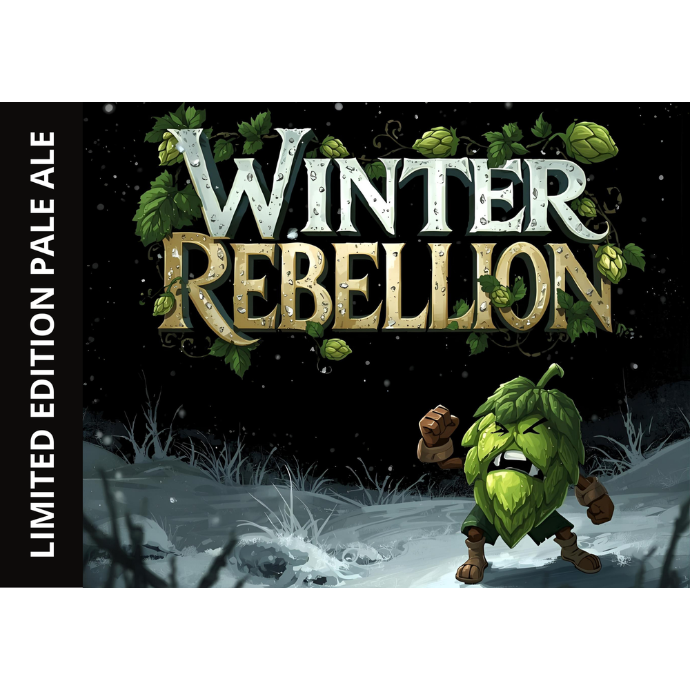 Winter Rebellion Pale Ale ølsett med illustrasjon av en sint humlekar i snølandskap.