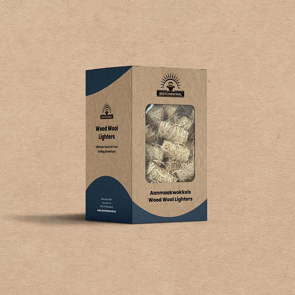 Bestcharcoal Wood Wool Lighters 1 kg – FSC-sertifisert tennull i pappeske med vindu.