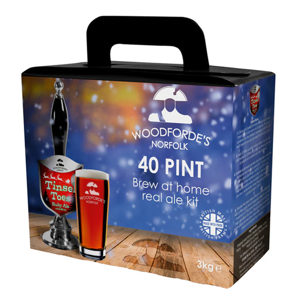 Woodfordes Tinsel Toes 23L juleøl ølsett, rødbrun, med bærehåndtak.